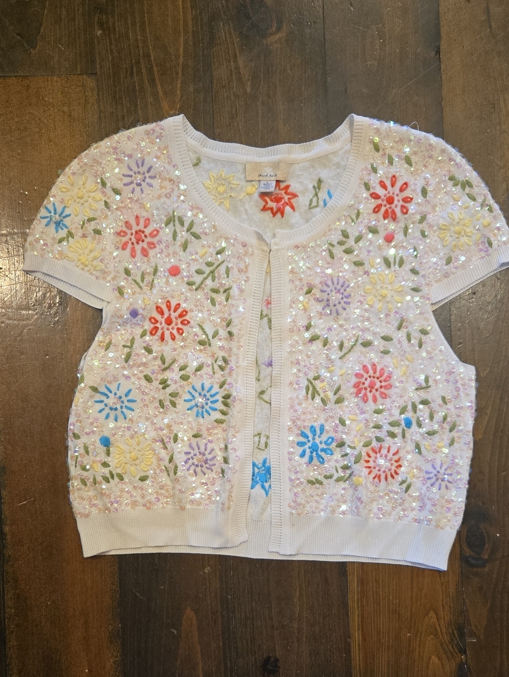 Think Tank Floral Embroidered Cardigan Knit Shrug Sequin Cottagecore L
